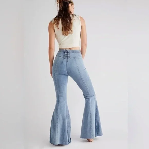We The Free Free People CRVY Ma Cherie High Waist Lace Up Back Flare Jeans 31 - Picture 3 of 8
